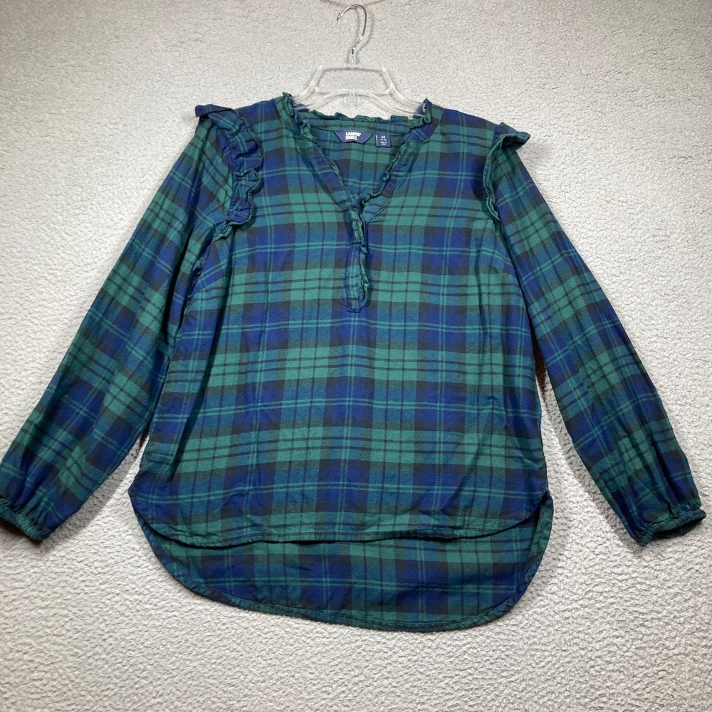 Lands End‎ Plaid Button Front Long Sleeve Ruffle V Neck Shirt Women Medium